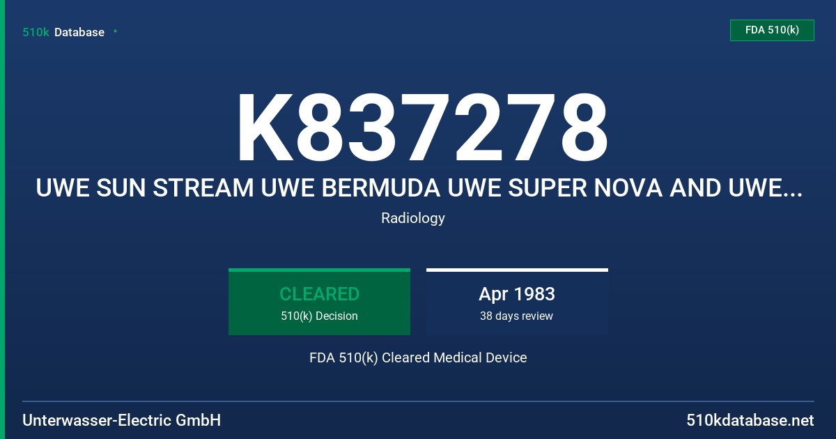 K837278 UWE SUN STREAM UWE BERMUDA UWE SUPER NOVA AND UWE BRONZARETTE FDA 510(k) Cleared Medical Device