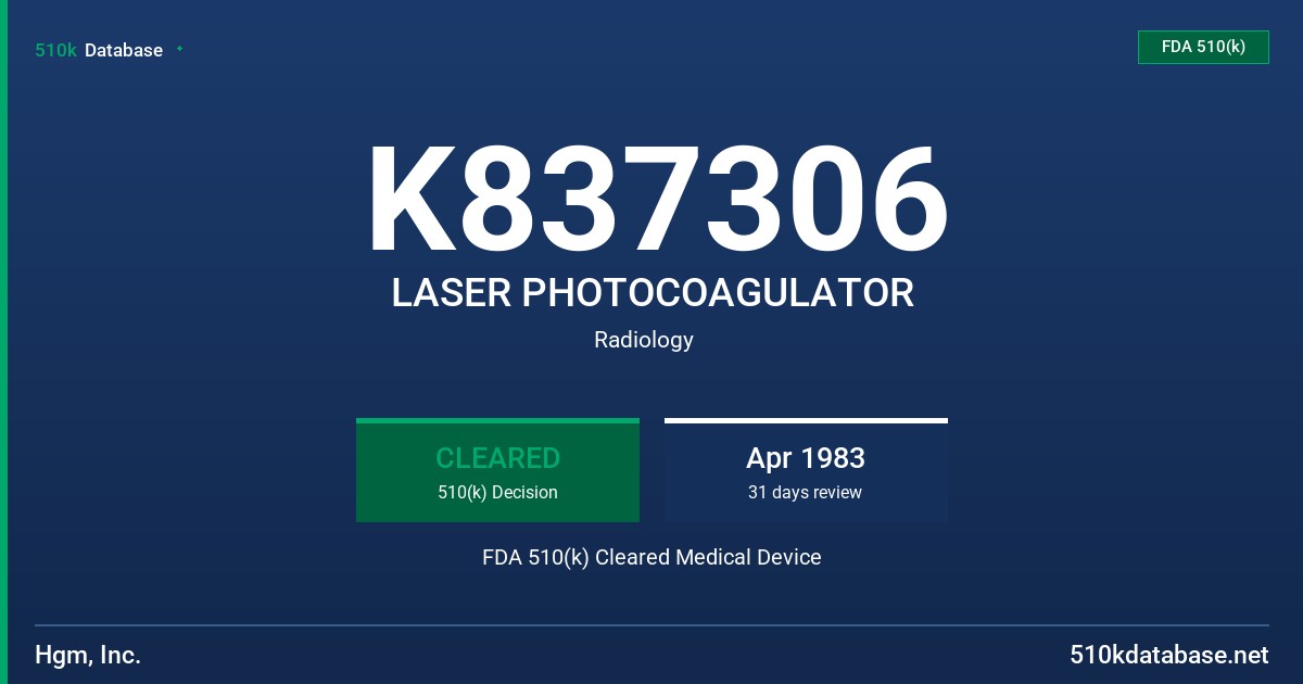 K837306 LASER PHOTOCOAGULATOR FDA 510(k) Cleared Medical Device