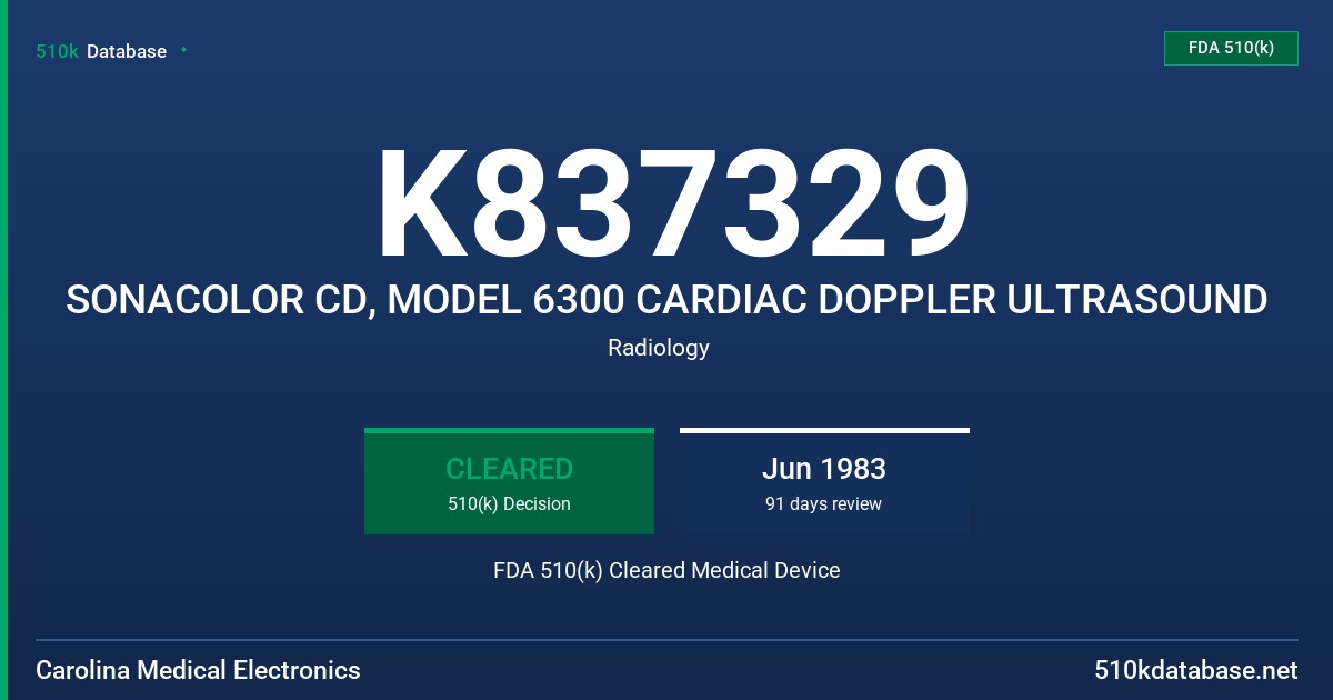 K837329 SONACOLOR CD, MODEL 6300 CARDIAC DOPPLER ULTRASOUND FDA 510(k) Cleared Medical Device