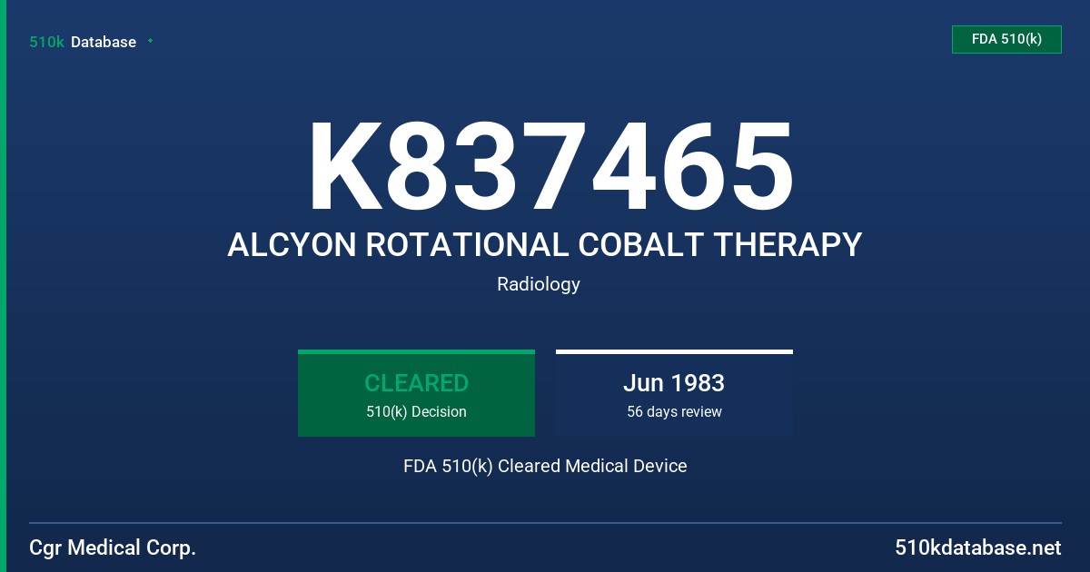 K837465 ALCYON ROTATIONAL COBALT THERAPY FDA 510(k) Cleared Medical Device