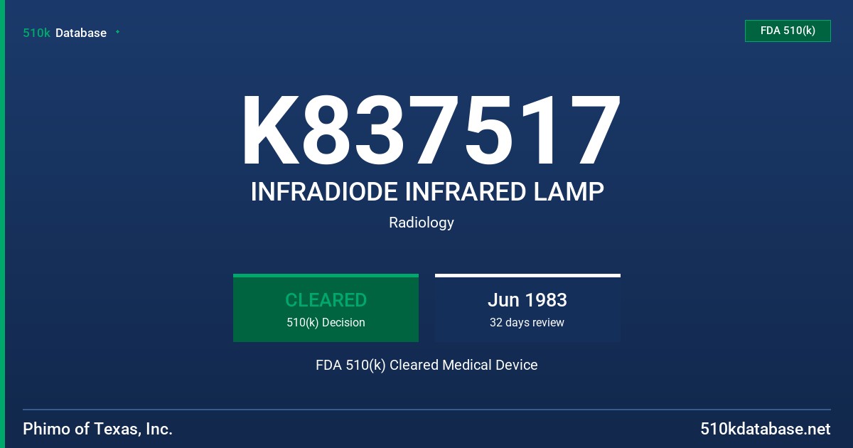 K837517 INFRADIODE INFRARED LAMP FDA 510(k) Cleared Medical Device
