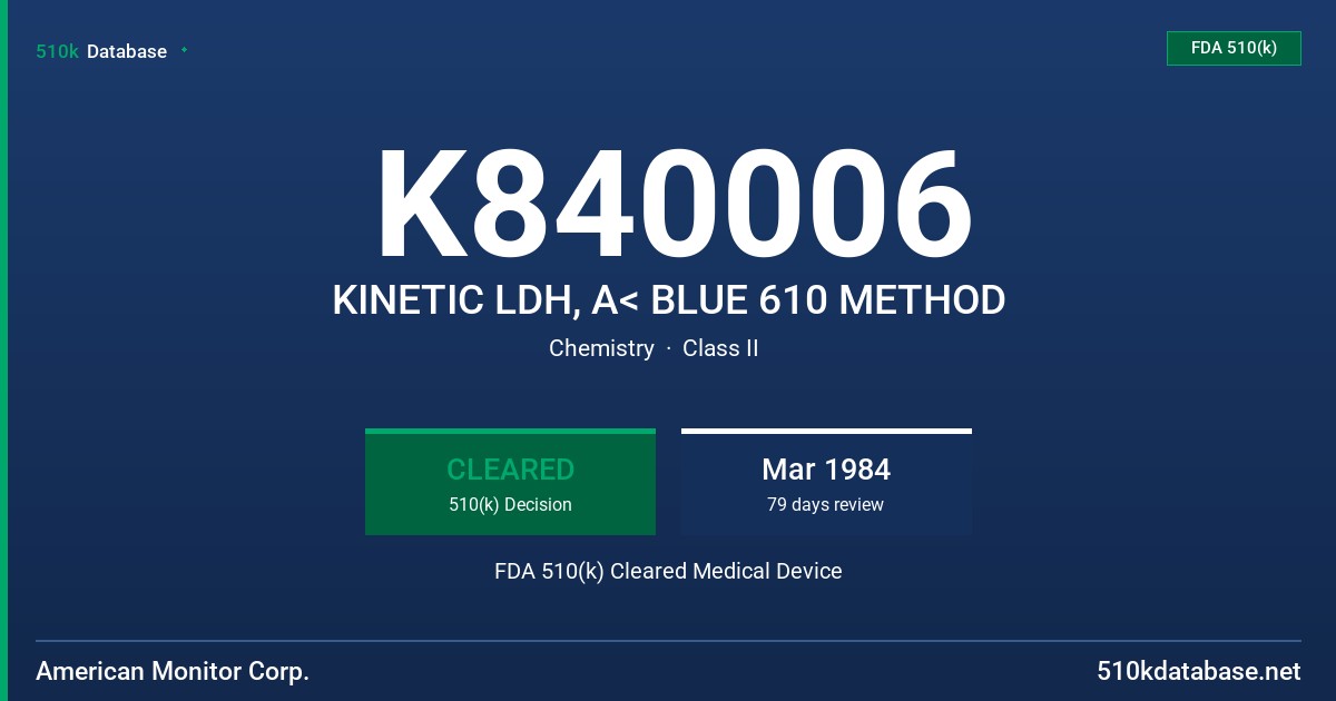 K840006 KINETIC LDH, A< BLUE 610 METHOD FDA 510(k) Cleared Medical Device