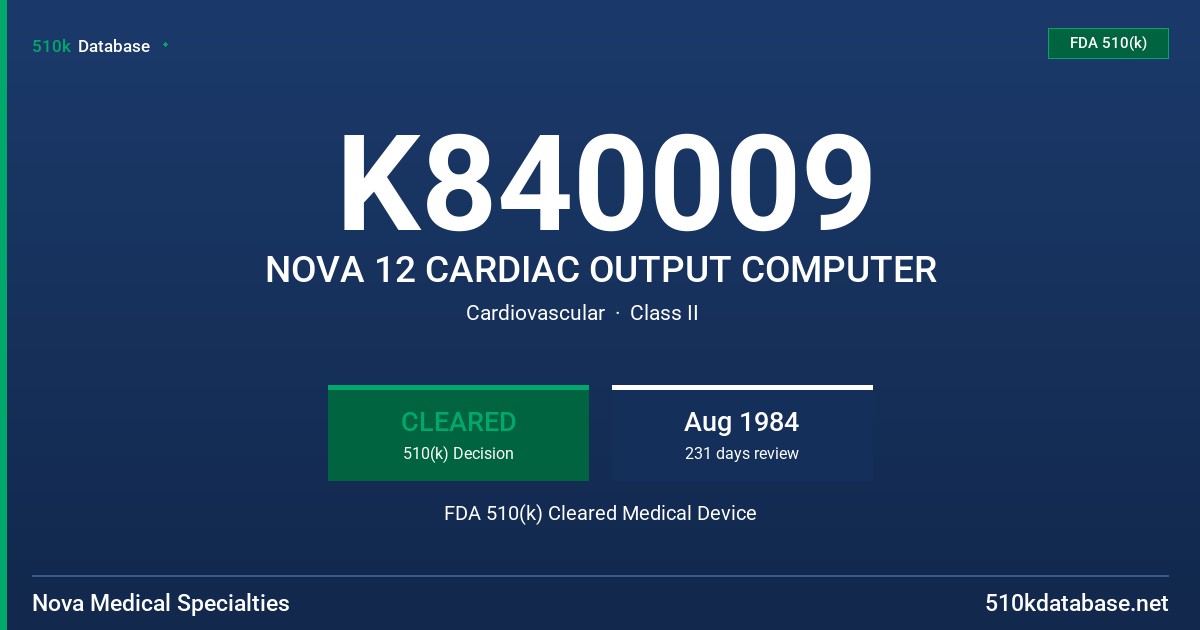 K840009 NOVA 12 CARDIAC OUTPUT COMPUTER FDA 510(k) Cleared Medical Device