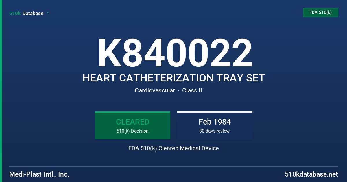 K840022 HEART CATHETERIZATION TRAY SET FDA 510(k) Cleared Medical Device