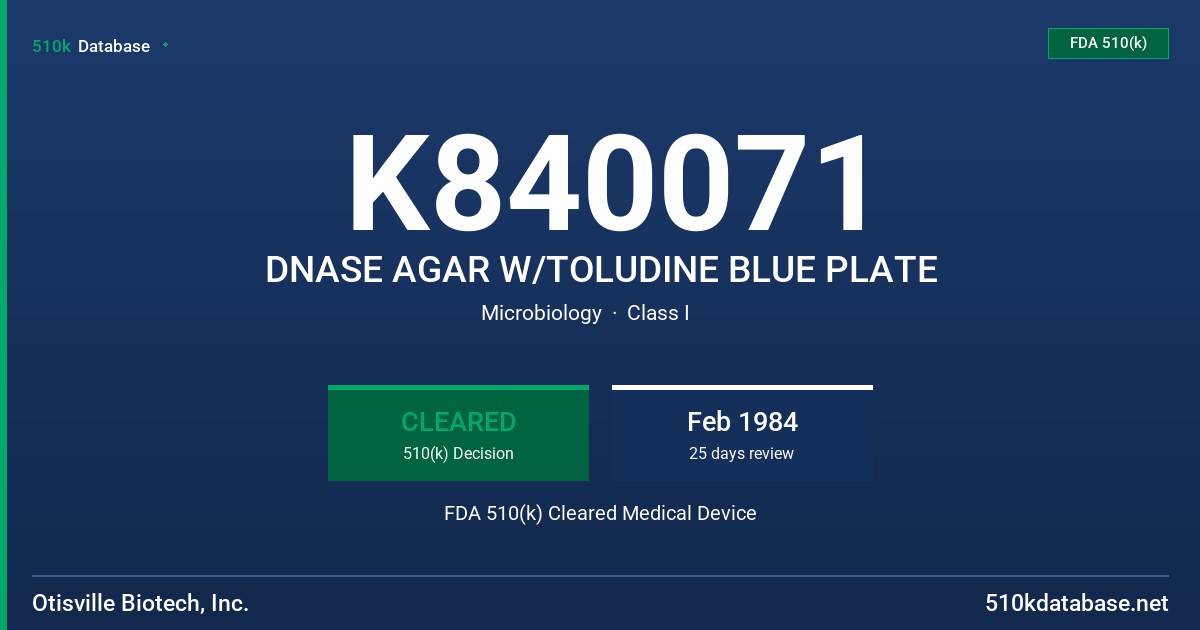 K840071 DNASE AGAR W/TOLUDINE BLUE PLATE FDA 510(k) Cleared Medical Device