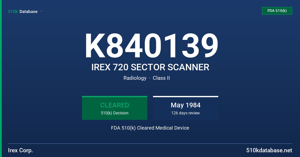 K840139 IREX 720 SECTOR SCANNER FDA 510(k) Cleared Medical Device