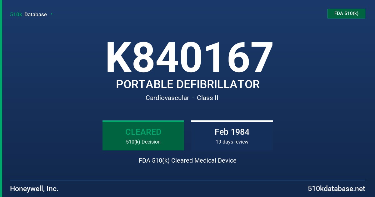 K840167 PORTABLE DEFIBRILLATOR FDA 510(k) Cleared Medical Device