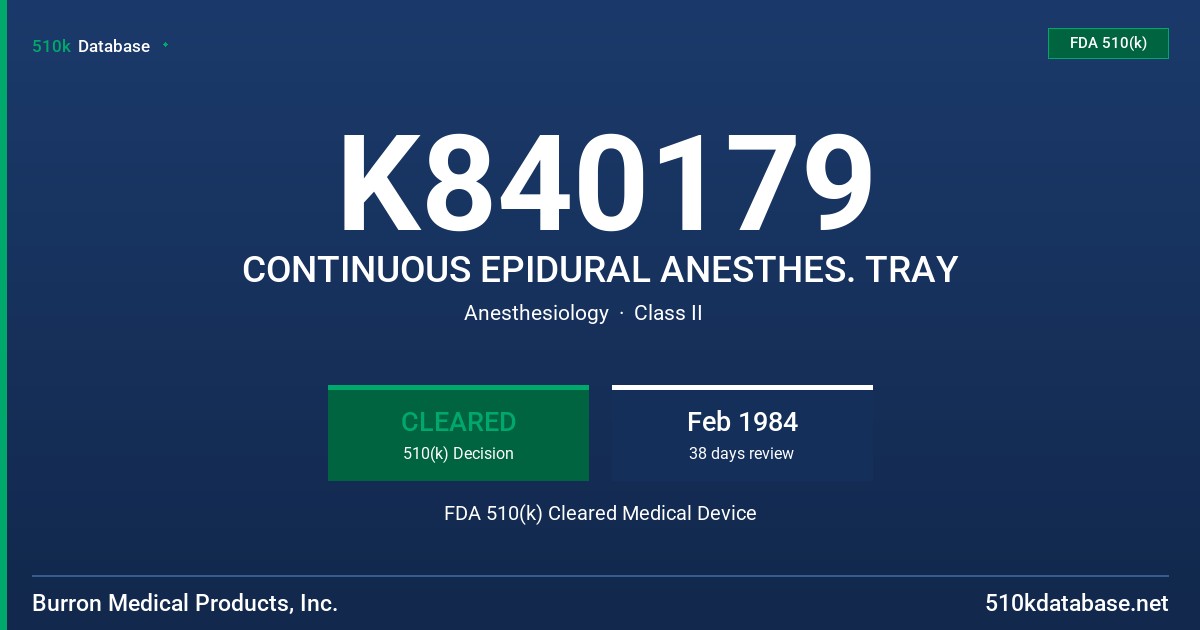 K840179 CONTINUOUS EPIDURAL ANESTHES. TRAY FDA 510(k) Cleared Medical Device