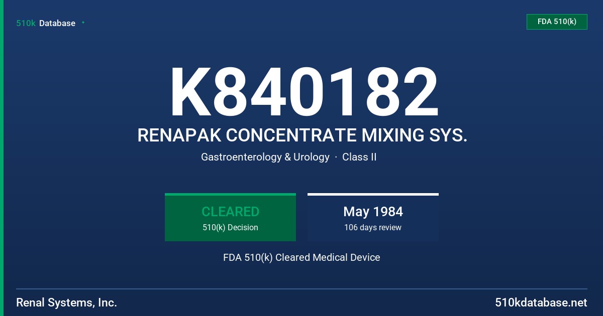 K840182 RENAPAK CONCENTRATE MIXING SYS. FDA 510(k) Cleared Medical Device