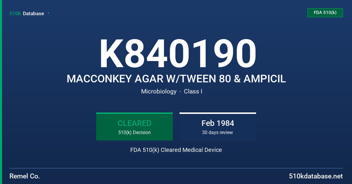 K840190 MACCONKEY AGAR W/TWEEN 80 & AMPICIL FDA 510(k) Cleared Medical Device
