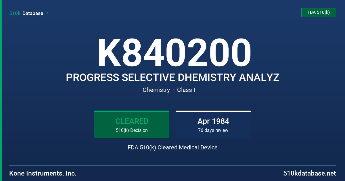 K840200 PROGRESS SELECTIVE DHEMISTRY ANALYZ FDA 510(k) Cleared Medical Device