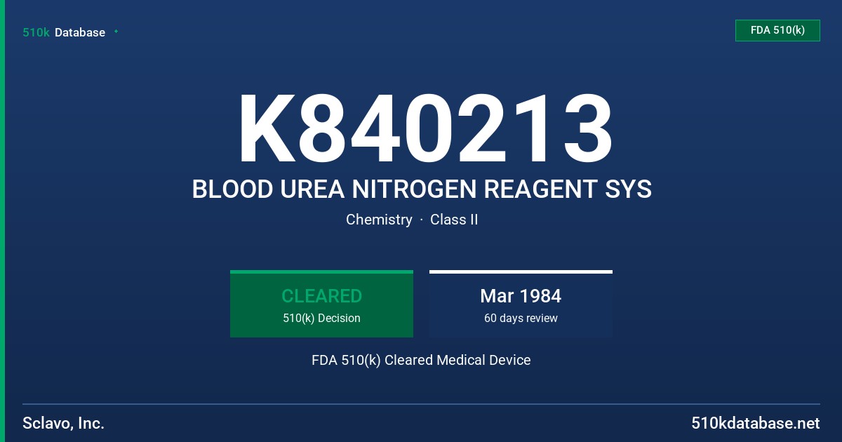 K840213 BLOOD UREA NITROGEN REAGENT SYS FDA 510(k) Cleared Medical Device