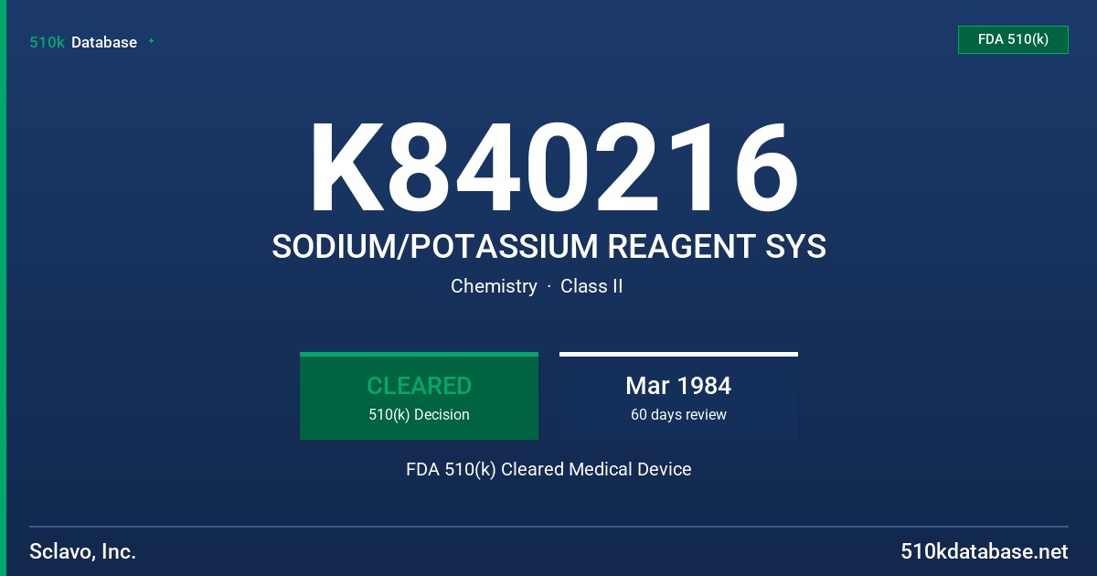 K840216 SODIUM/POTASSIUM REAGENT SYS FDA 510(k) Cleared Medical Device