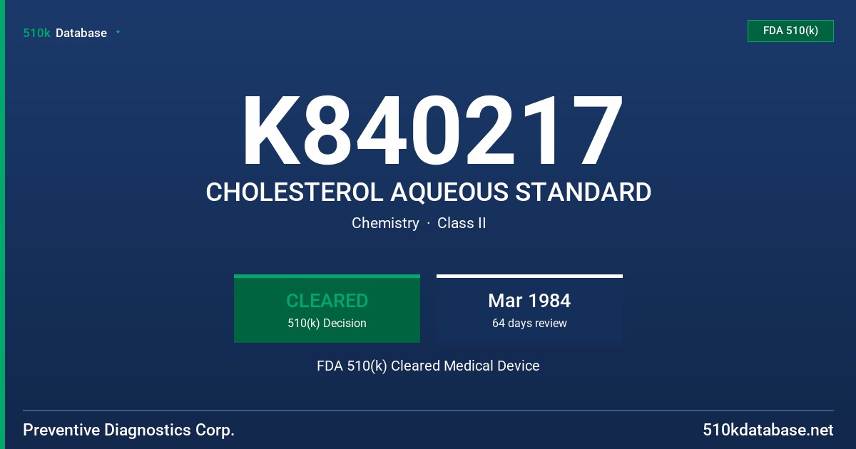 K840217 CHOLESTEROL AQUEOUS STANDARD FDA 510(k) Cleared Medical Device