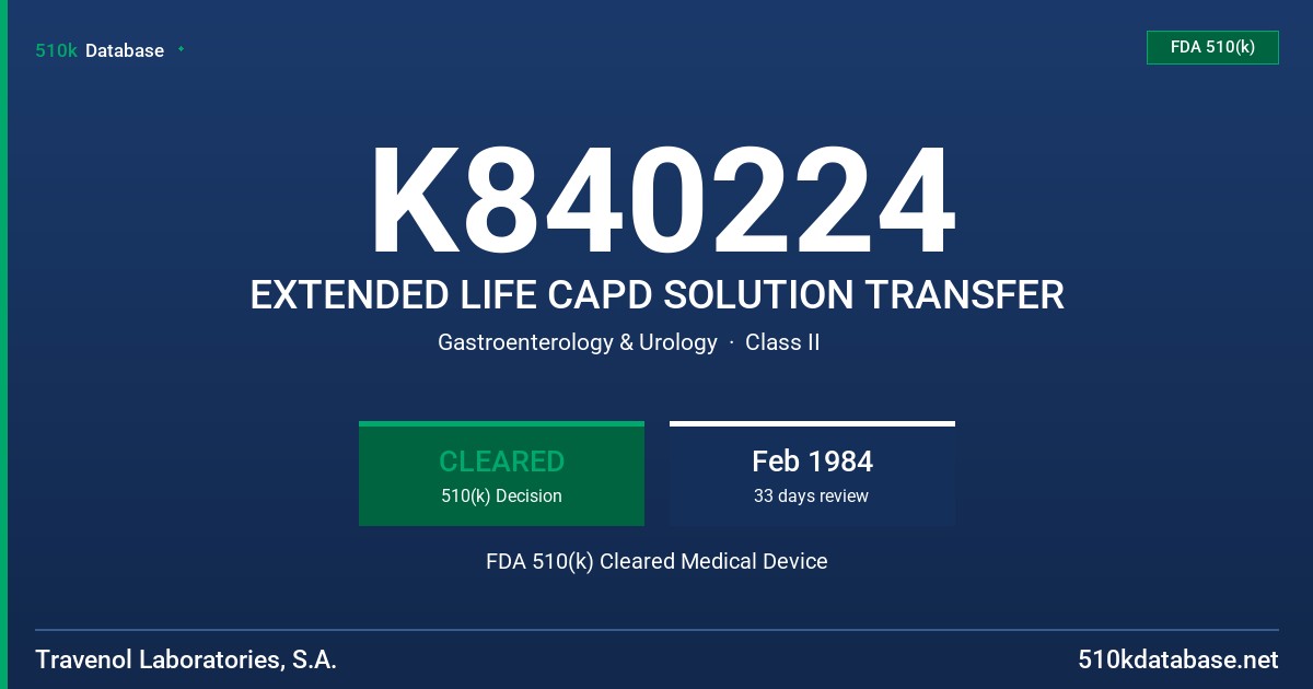 K840224 EXTENDED LIFE CAPD SOLUTION TRANSFER FDA 510(k) Cleared Medical Device