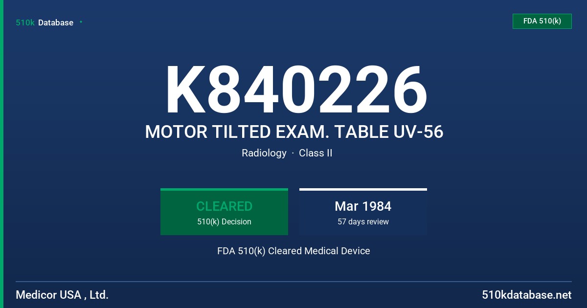 K840226 MOTOR TILTED EXAM. TABLE UV-56 FDA 510(k) Cleared Medical Device