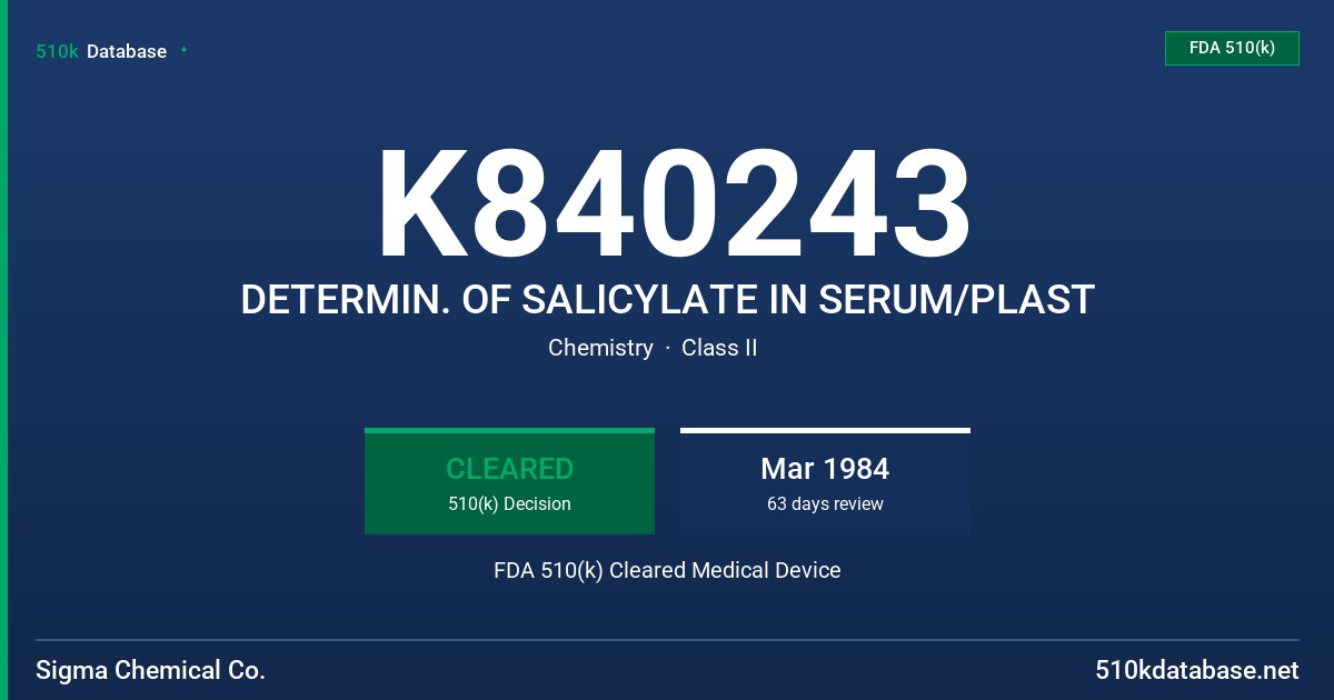 K840243 DETERMIN. OF SALICYLATE IN SERUM/PLAST FDA 510(k) Cleared Medical Device