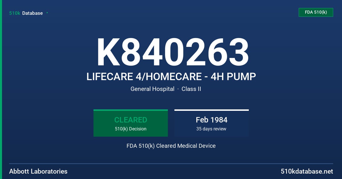 K840263 LIFECARE 4/HOMECARE - 4H PUMP FDA 510(k) Cleared Medical Device
