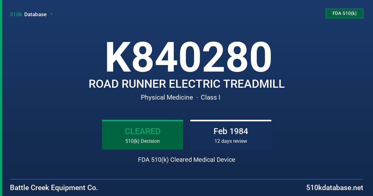 K840280 ROAD RUNNER ELECTRIC TREADMILL FDA 510(k) Cleared Medical Device