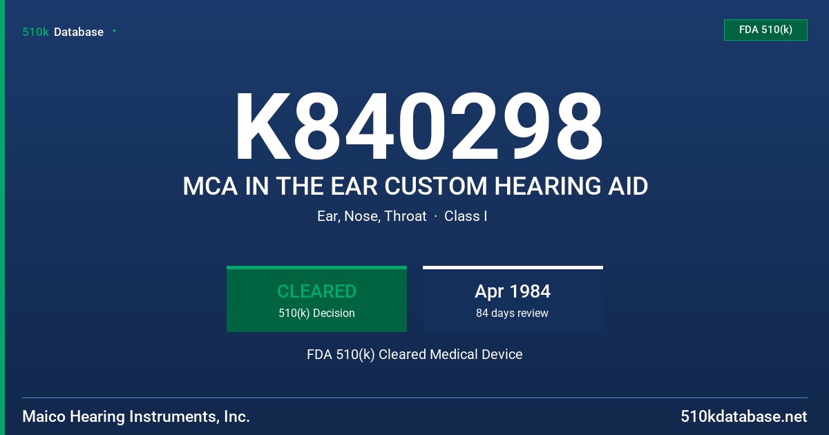 K840298 MCA IN THE EAR CUSTOM HEARING AID FDA 510(k) Cleared Medical Device