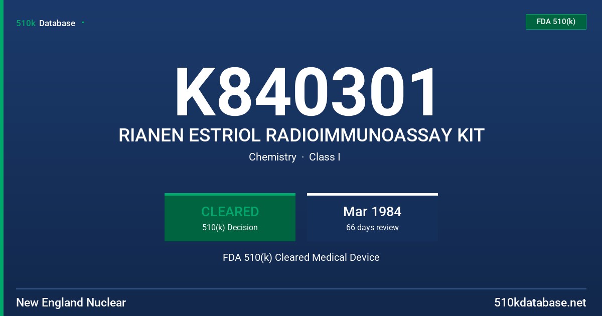 K840301 RIANEN ESTRIOL RADIOIMMUNOASSAY KIT FDA 510(k) Cleared Medical Device