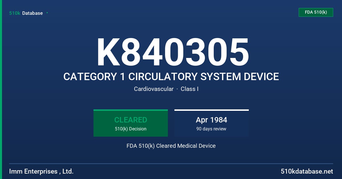 K840305 CATEGORY 1 CIRCULATORY SYSTEM DEVICE FDA 510(k) Cleared Medical Device