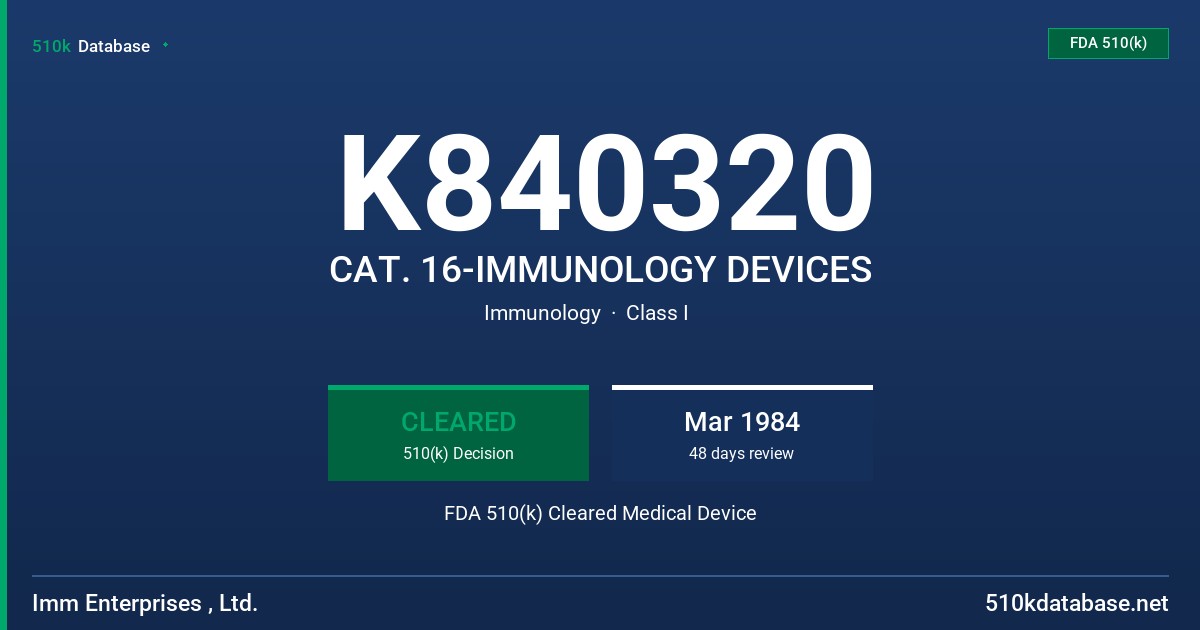 K840320 CAT. 16-IMMUNOLOGY DEVICES FDA 510(k) Cleared Medical Device