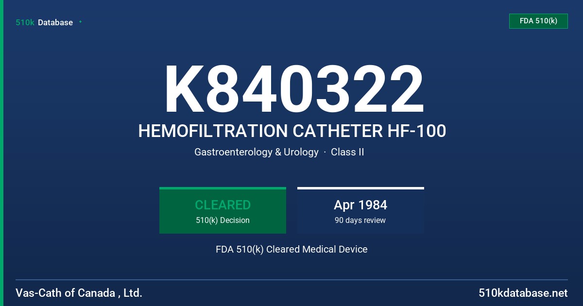 K840322 HEMOFILTRATION CATHETER HF-100 FDA 510(k) Cleared Medical Device