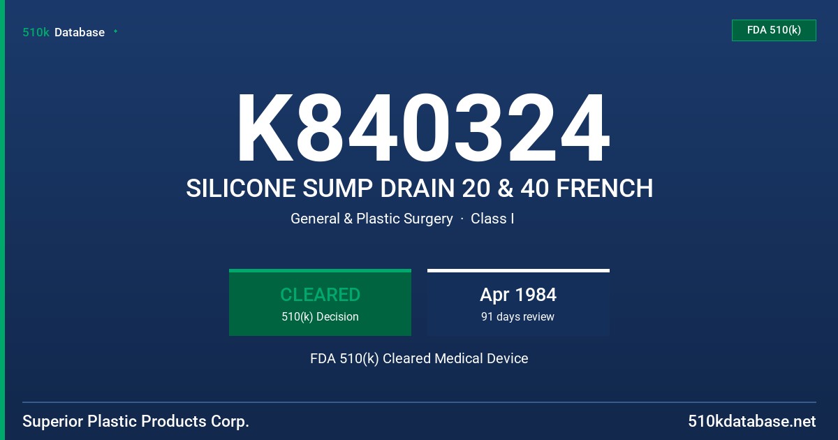 K840324 SILICONE SUMP DRAIN 20 & 40 FRENCH FDA 510(k) Cleared Medical Device