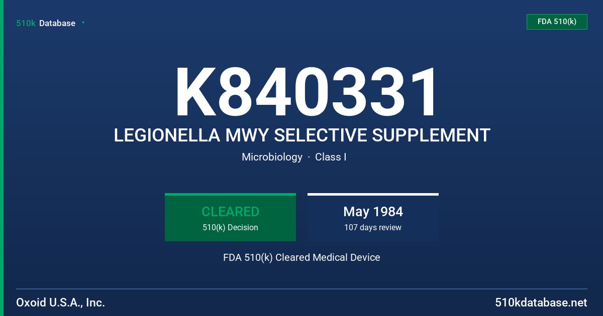 K840331 LEGIONELLA MWY SELECTIVE SUPPLEMENT FDA 510(k) Cleared Medical Device