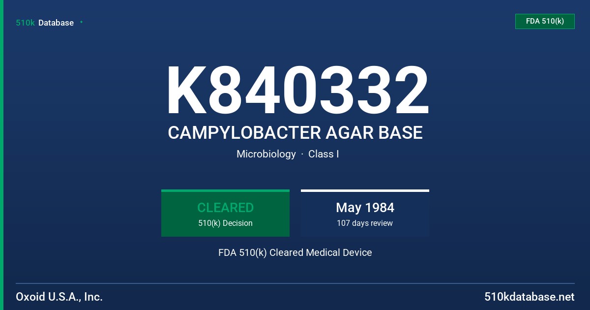 K840332 CAMPYLOBACTER AGAR BASE FDA 510(k) Cleared Medical Device