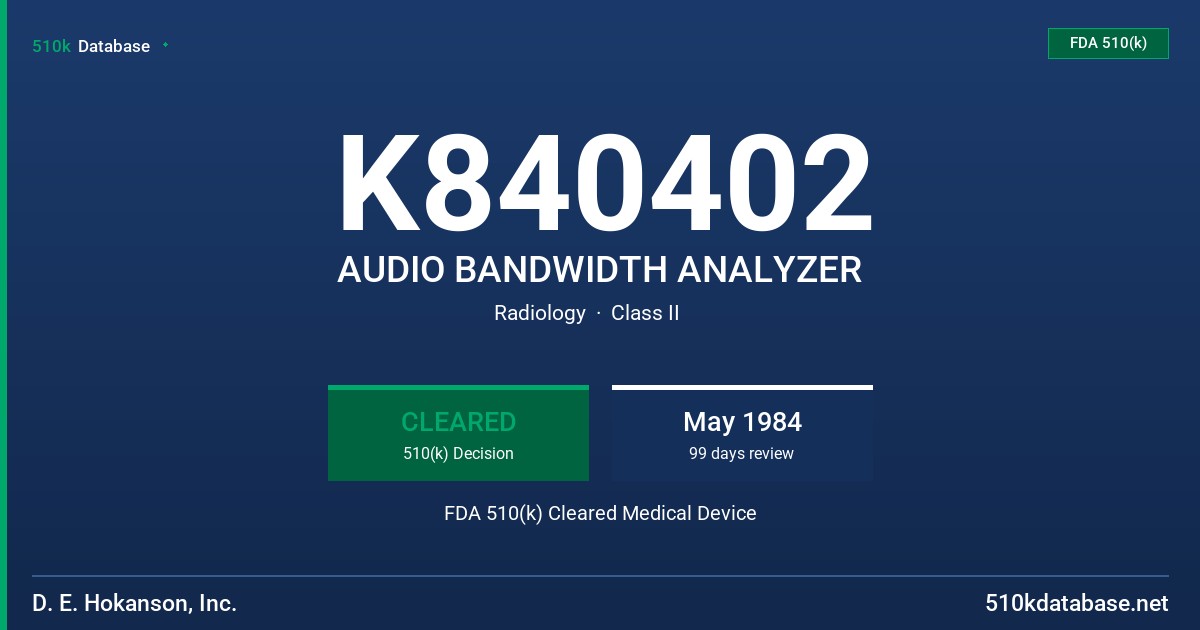 K840402 AUDIO BANDWIDTH ANALYZER FDA 510(k) Cleared Medical Device