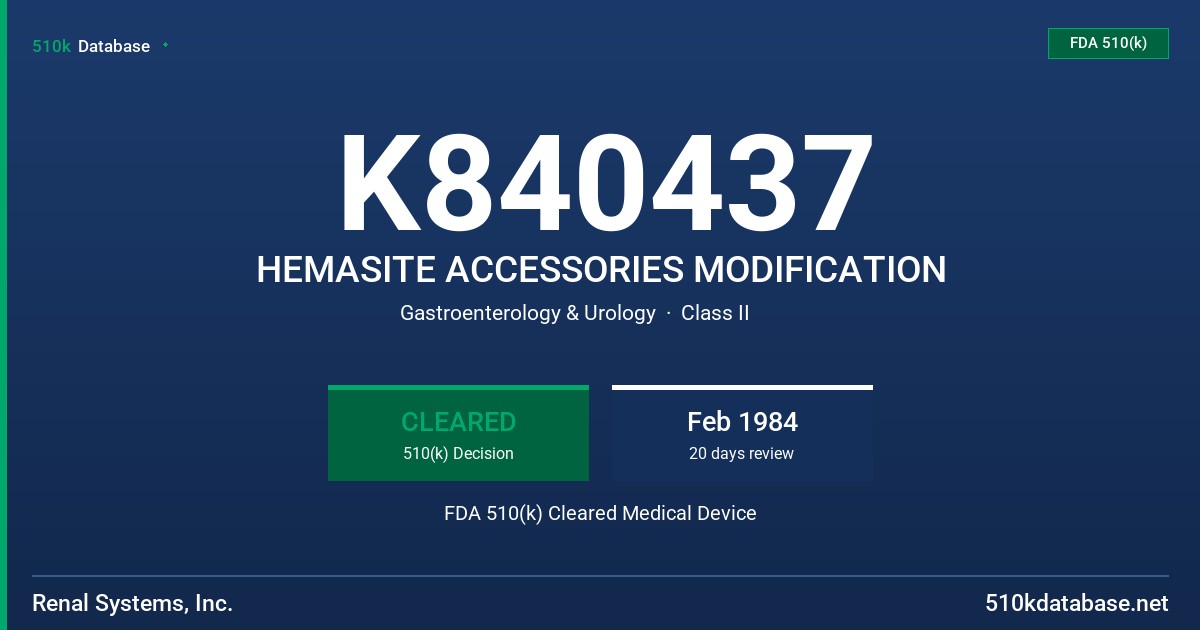 K840437 HEMASITE ACCESSORIES MODIFICATION FDA 510(k) Cleared Medical Device