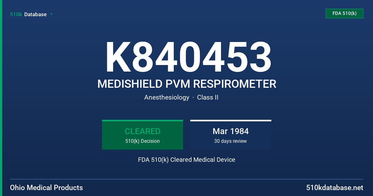 K840453 MEDISHIELD PVM RESPIROMETER FDA 510(k) Cleared Medical Device