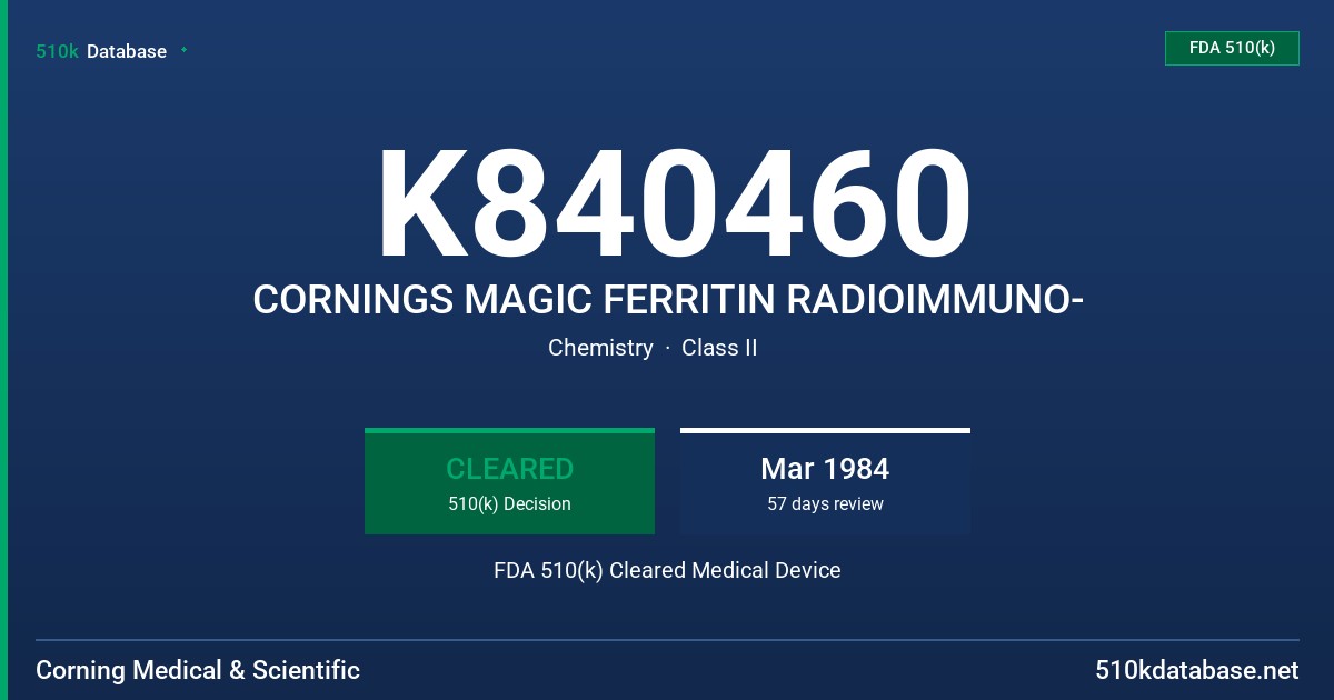 K840460 CORNINGS MAGIC FERRITIN RADIOIMMUNO- FDA 510(k) Cleared Medical Device