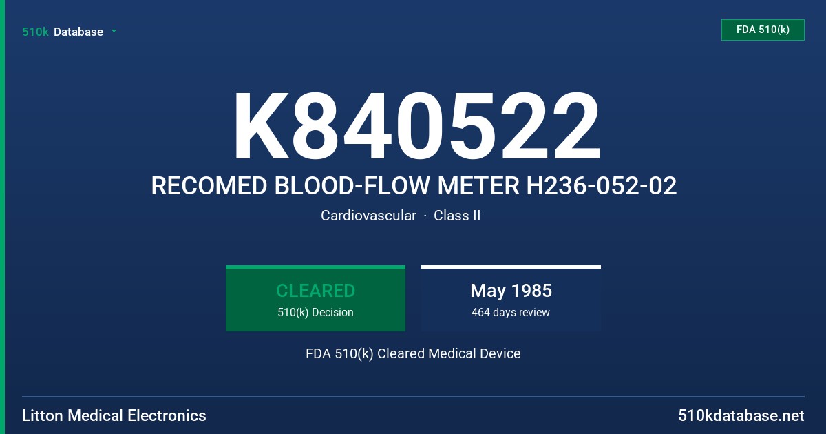 K840522 RECOMED BLOOD-FLOW METER H236-052-02 FDA 510(k) Cleared Medical Device