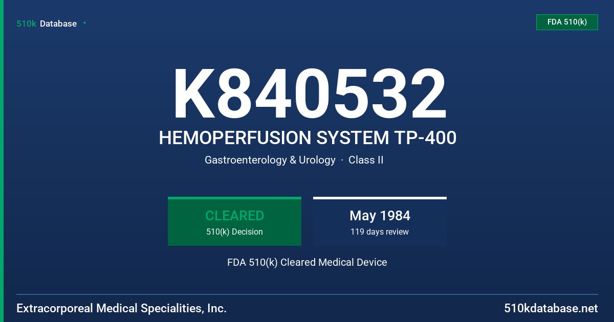 K840532 HEMOPERFUSION SYSTEM TP-400 FDA 510(k) Cleared Medical Device