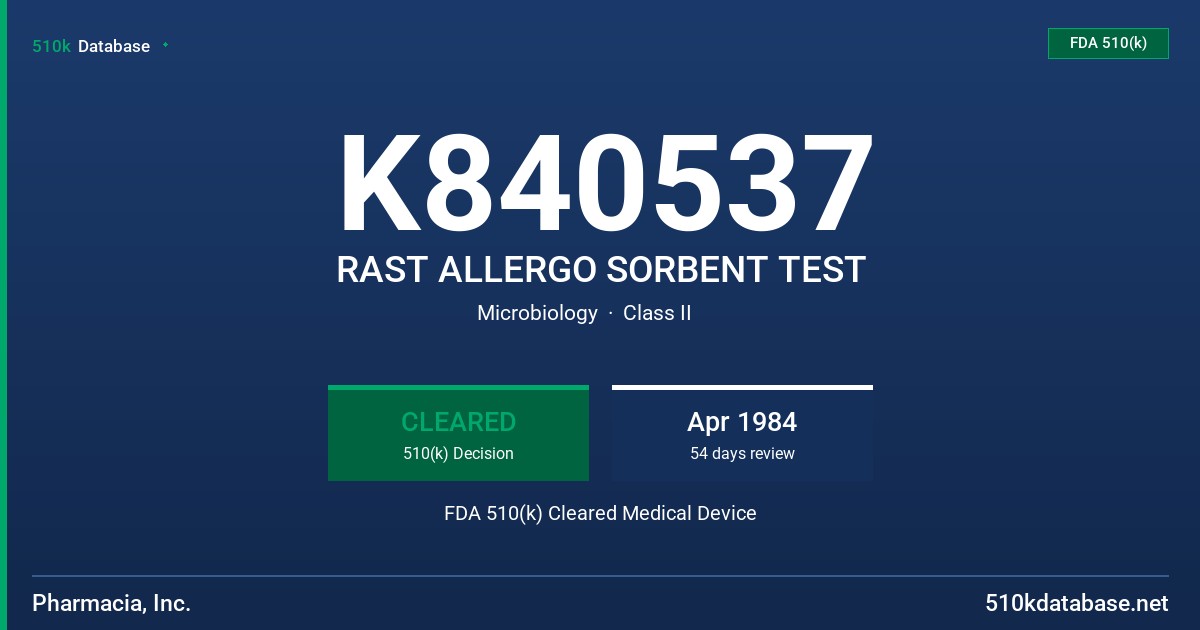 K840537 RAST ALLERGO SORBENT TEST FDA 510(k) Cleared Medical Device