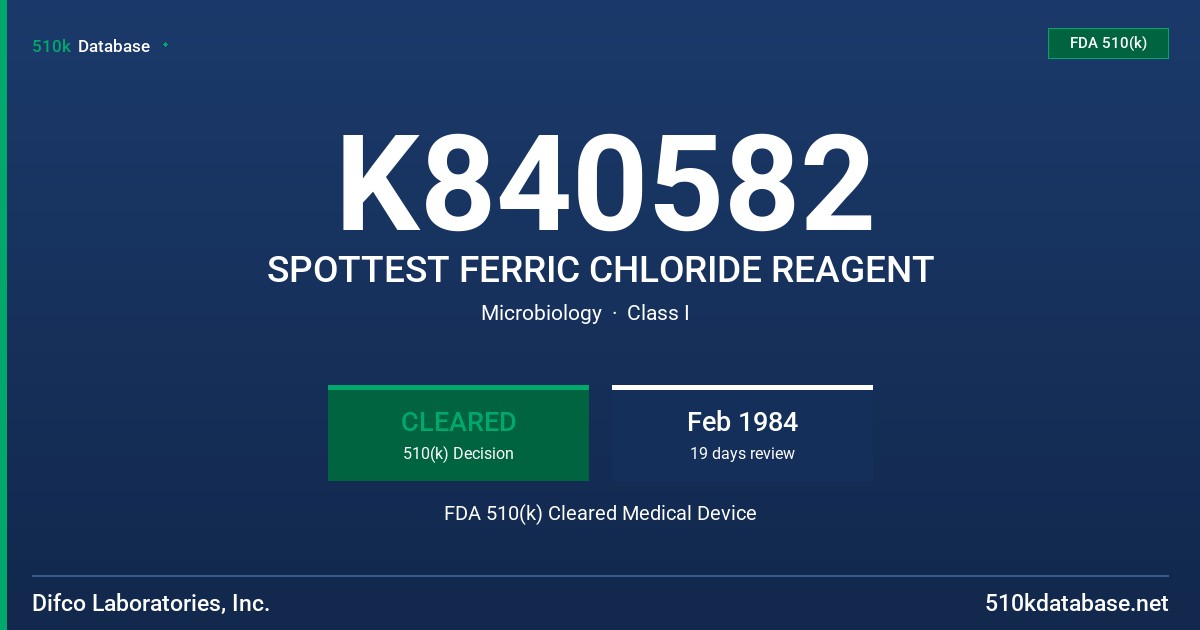 K840582 SPOTTEST FERRIC CHLORIDE REAGENT FDA 510(k) Cleared Medical Device