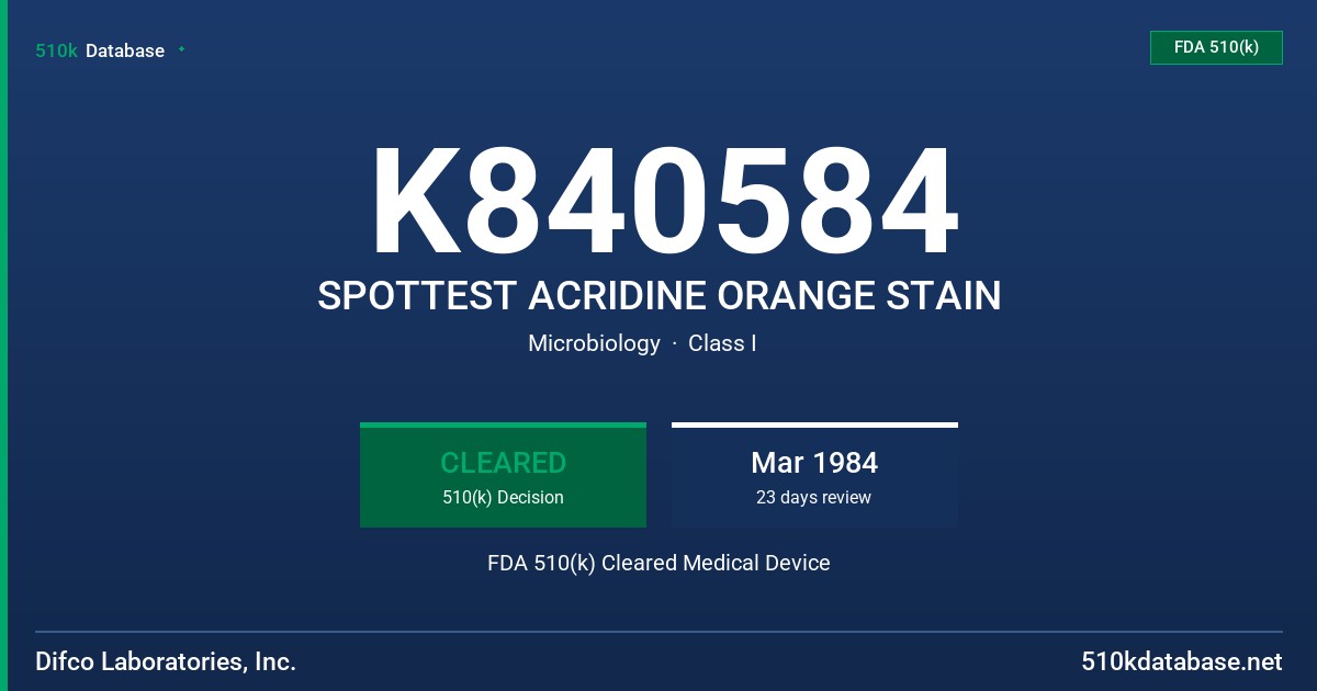 K840584 SPOTTEST ACRIDINE ORANGE STAIN FDA 510(k) Cleared Medical Device