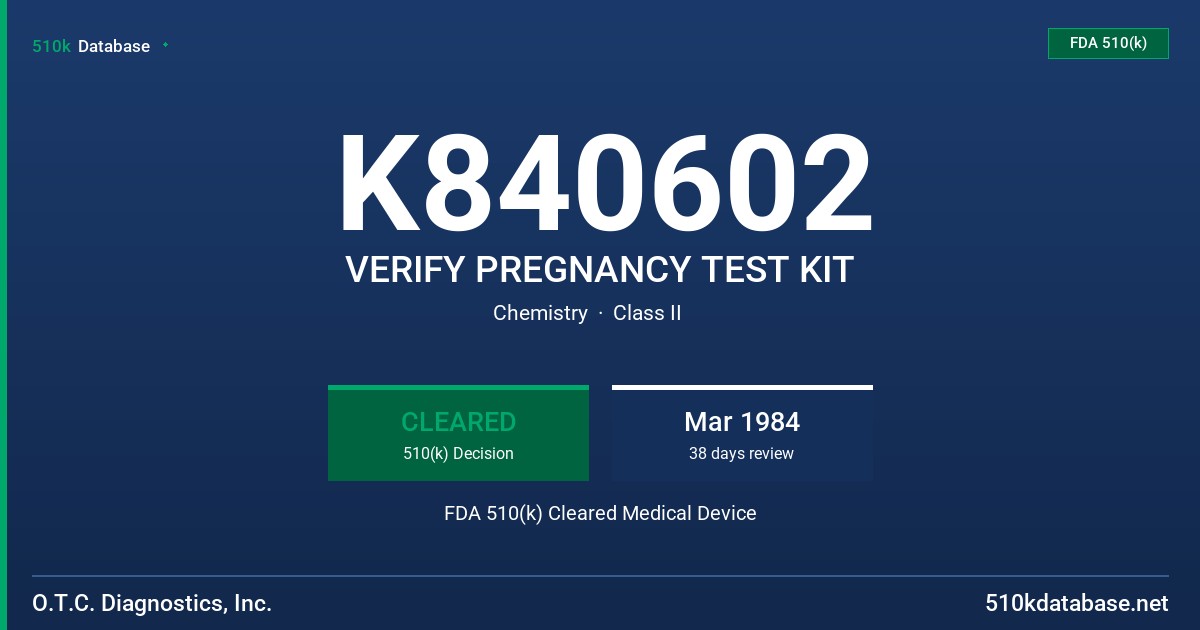 K840602 VERIFY PREGNANCY TEST KIT FDA 510(k) Cleared Medical Device