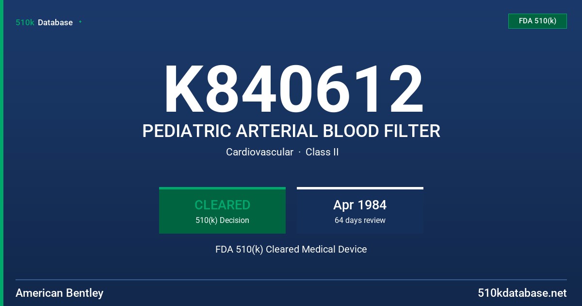 K840612 PEDIATRIC ARTERIAL BLOOD FILTER FDA 510(k) Cleared Medical Device