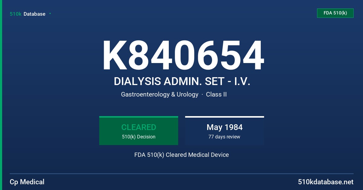 K840654 DIALYSIS ADMIN. SET - I.V. FDA 510(k) Cleared Medical Device