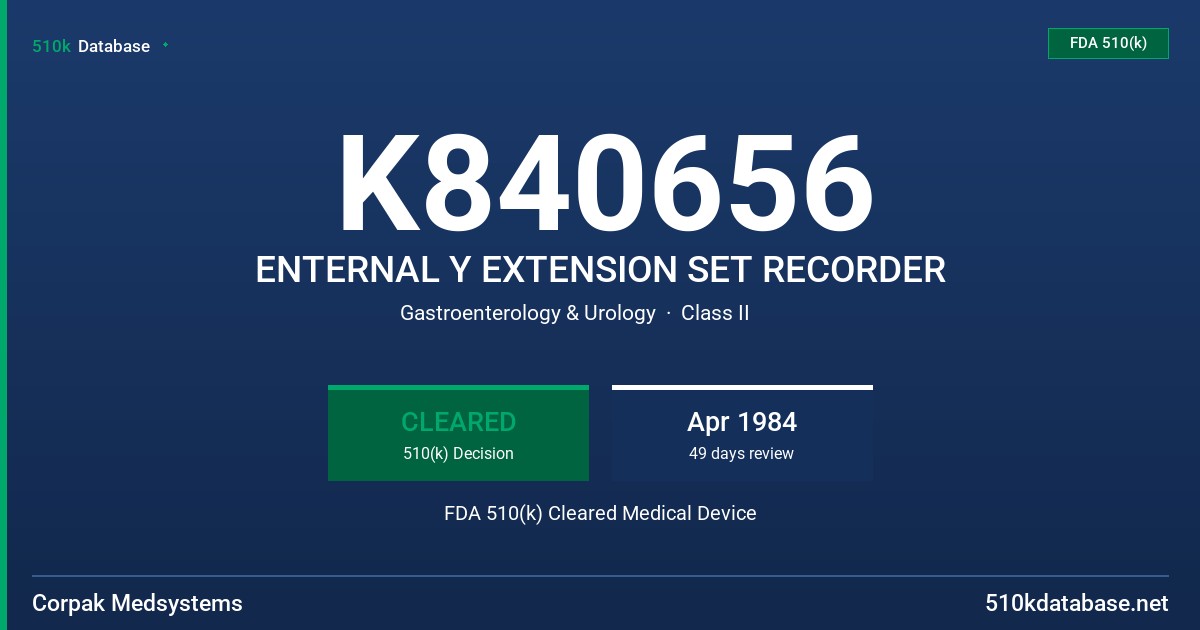 K840656 ENTERNAL Y EXTENSION SET RECORDER FDA 510(k) Cleared Medical Device