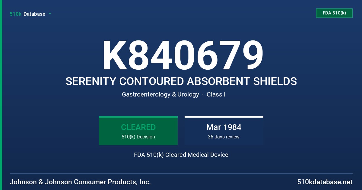 K840679 SERENITY CONTOURED ABSORBENT SHIELDS FDA 510(k) Cleared Medical Device