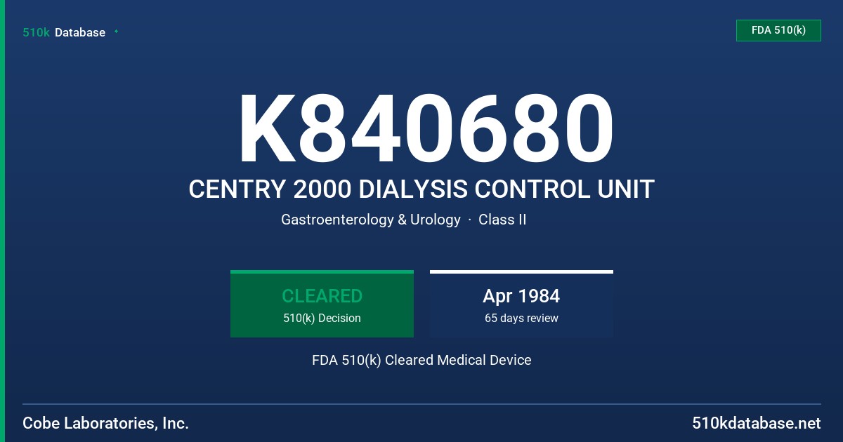 K840680 CENTRY 2000 DIALYSIS CONTROL UNIT FDA 510(k) Cleared Medical Device