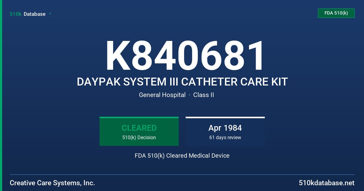 K840681 DAYPAK SYSTEM III CATHETER CARE KIT FDA 510(k) Cleared Medical Device