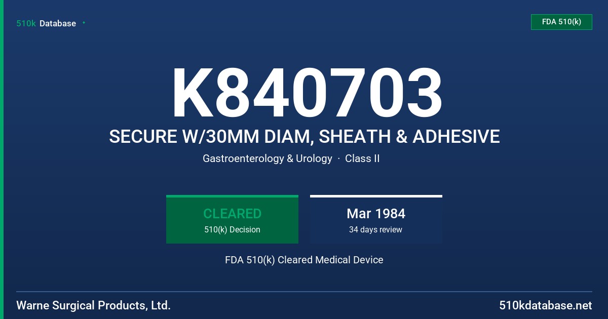 K840703 SECURE W/30MM DIAM, SHEATH & ADHESIVE FDA 510(k) Cleared Medical Device