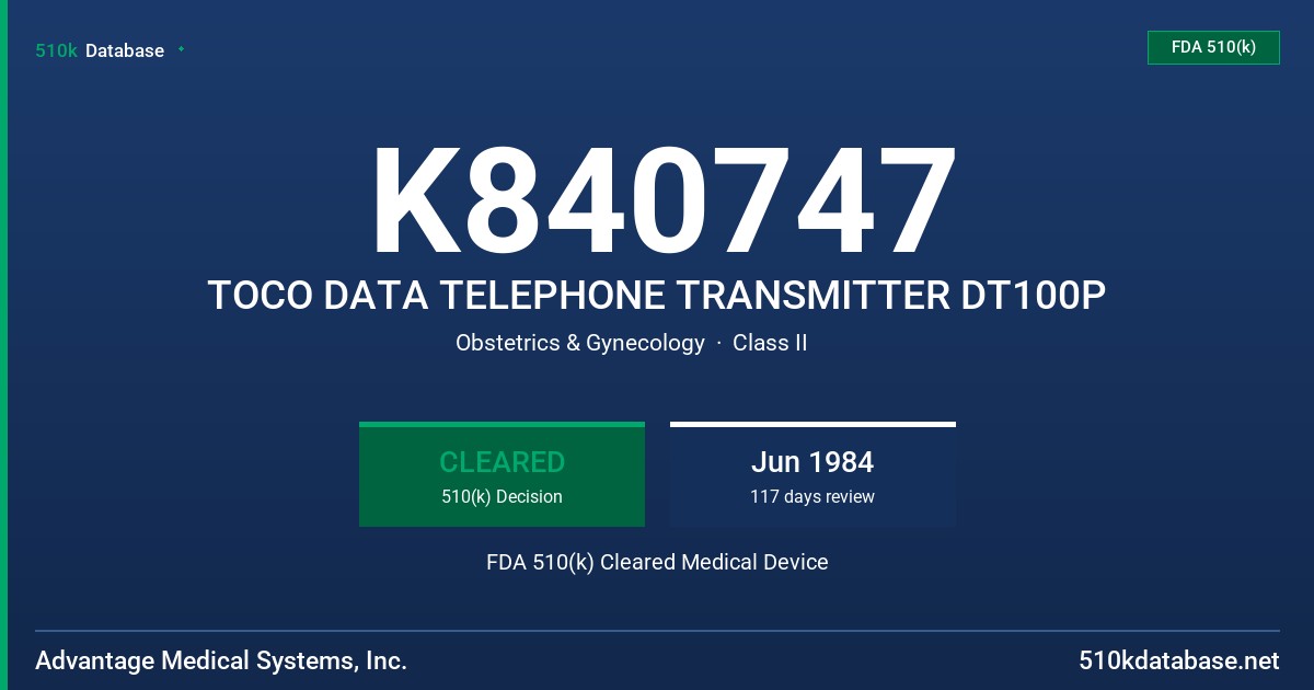 K840747 TOCO DATA TELEPHONE TRANSMITTER DT100P FDA 510(k) Cleared Medical Device