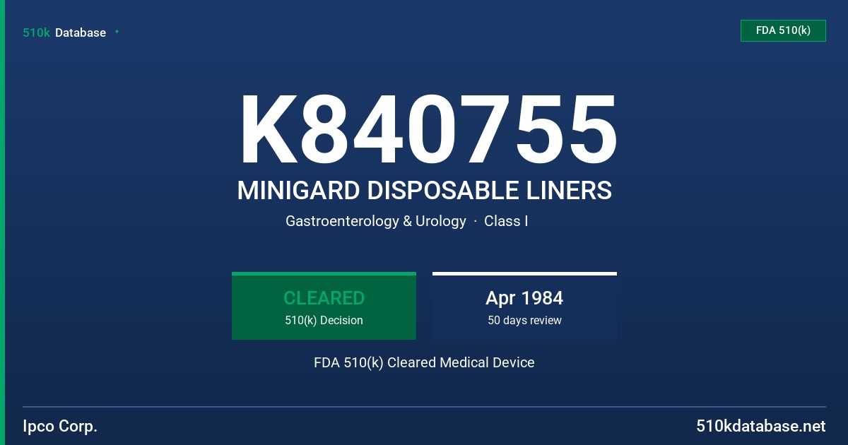 K840755 MINIGARD DISPOSABLE LINERS FDA 510(k) Cleared Medical Device